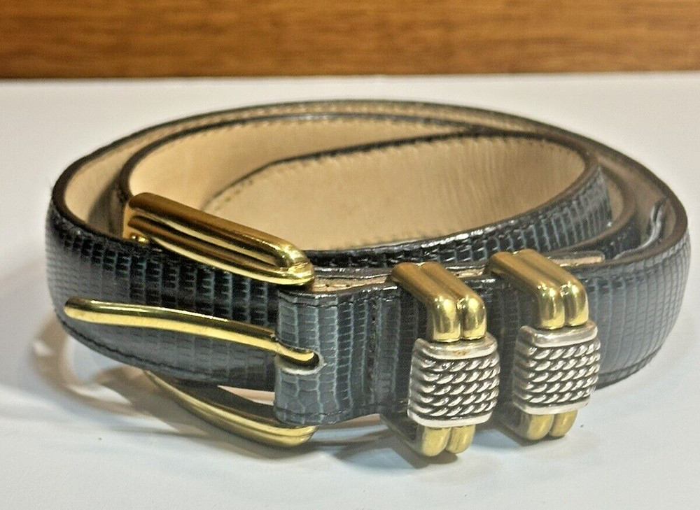 Womens Faux Lizard Belt Brighton Classics SZ S 28 4B614 Black Gold Silver Buckle