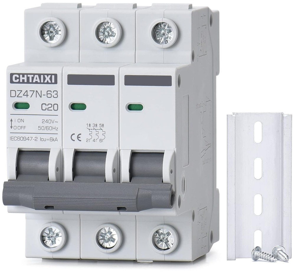 3 Pole DIN Rail Mount Circuit Breaker, 20 Amp 240V AC Miniature Circuit...