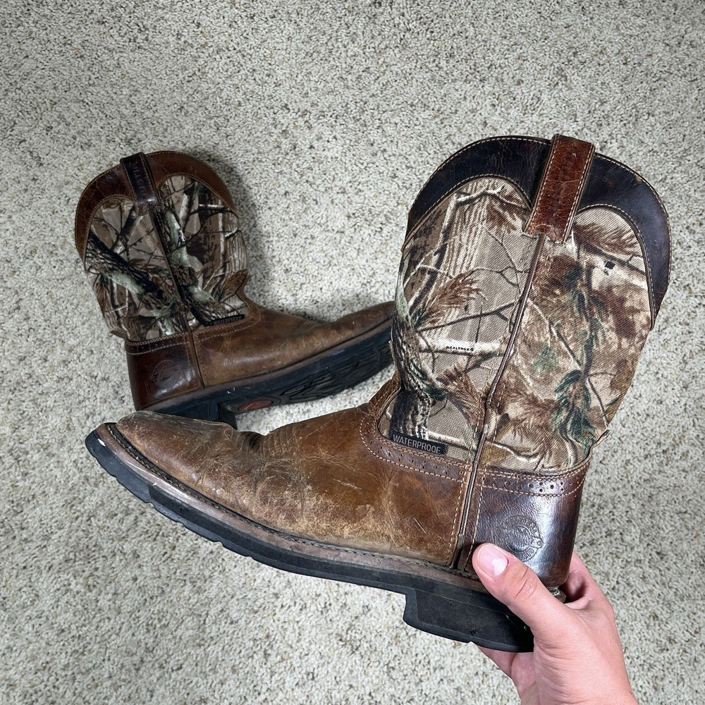 Justin Work Boots Camo Waterproof Pull-On Square Toe Leather Boots Size 10D