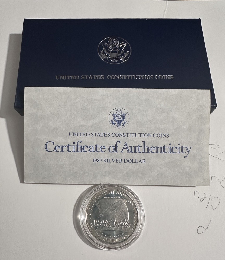 1987 U.S Constitution 200th Anniversary Proof Silver $1 Coin w/COA & Box No Case