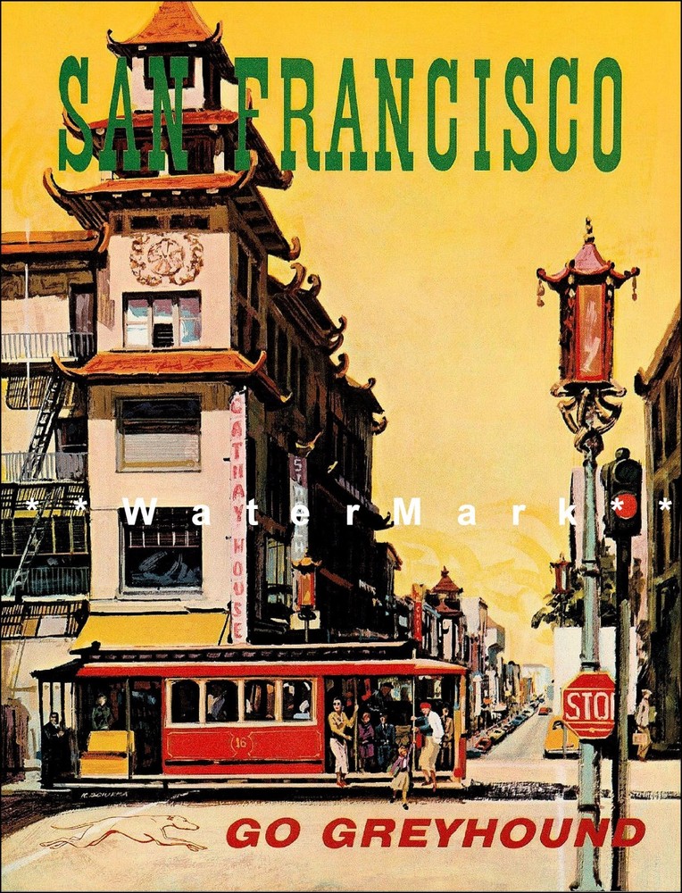 San Francisco 1960 California Greyhound Travel Vintage Poster Print FREE US Post