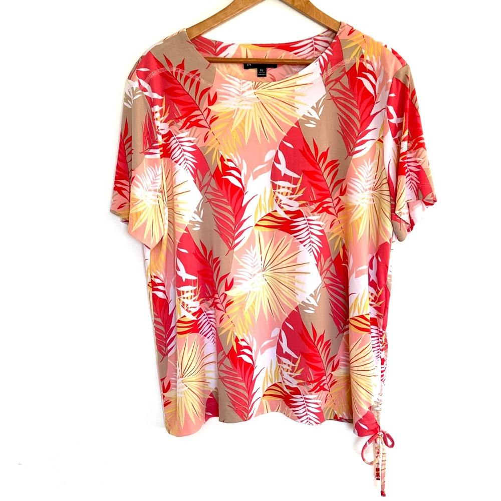 N Touch Shirt Women's XL Tropical Leaf Short Sleeve Tie Waist Lightweight Blouse