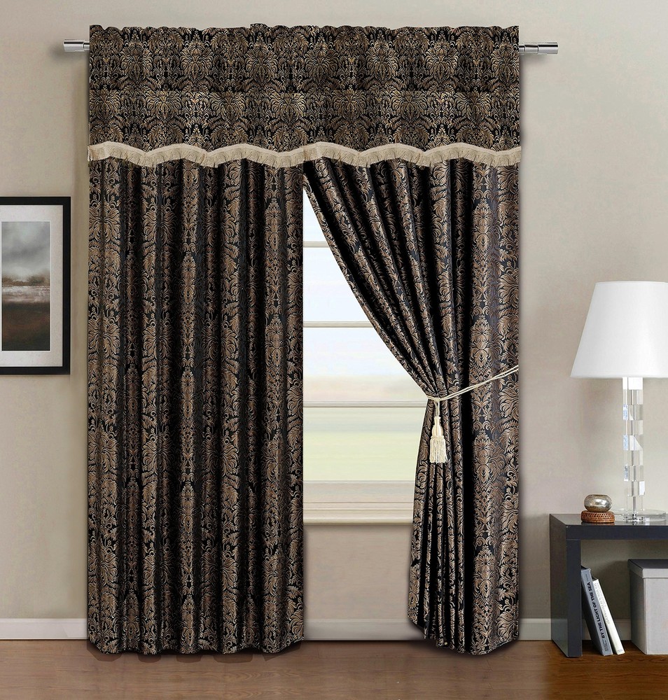 Valencia 4piece Black Gold Floral Jacquard Window Curtain Set With Attached Vala