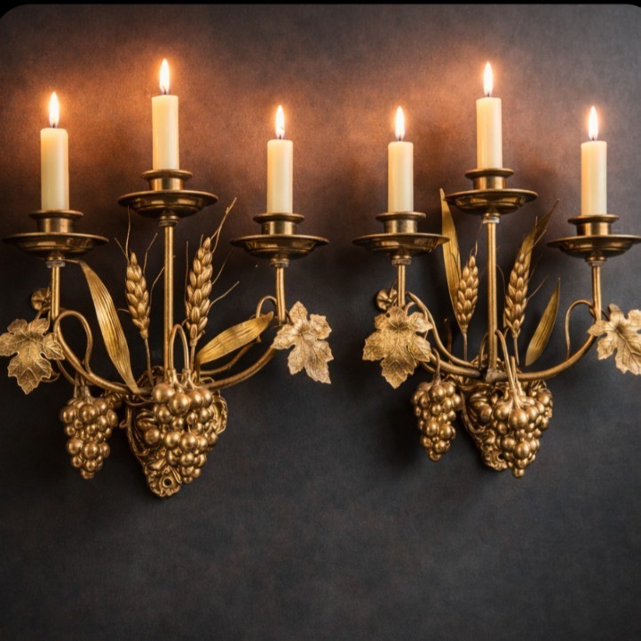 Pair Italian Brass Tole Grape Wheat 3 Arm Wall Candle Sconces w Hangers