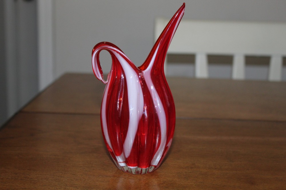 Lefton Red/White Ribbed Hand Blown Vase Pitcher Swung Art Glass Vintage