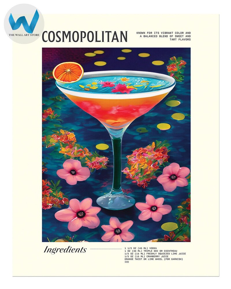 Cosmopolitan Cocktail Recipe Poster Floral Bar Wall Art 12X16/16X20/18X24/24X36