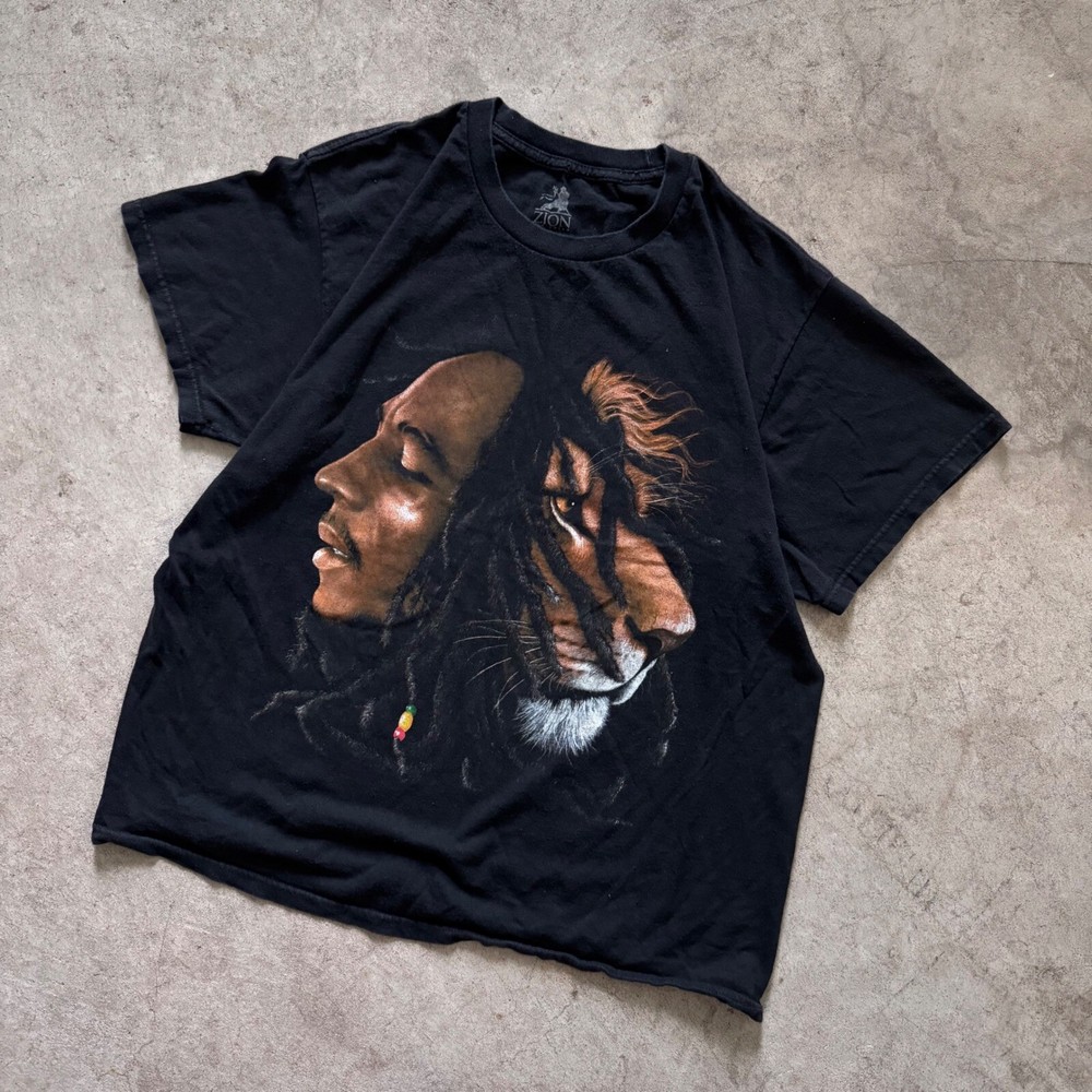 Vintage Y2K Bob Marley Lion Graphic Tee Reggae Music Black Size Large