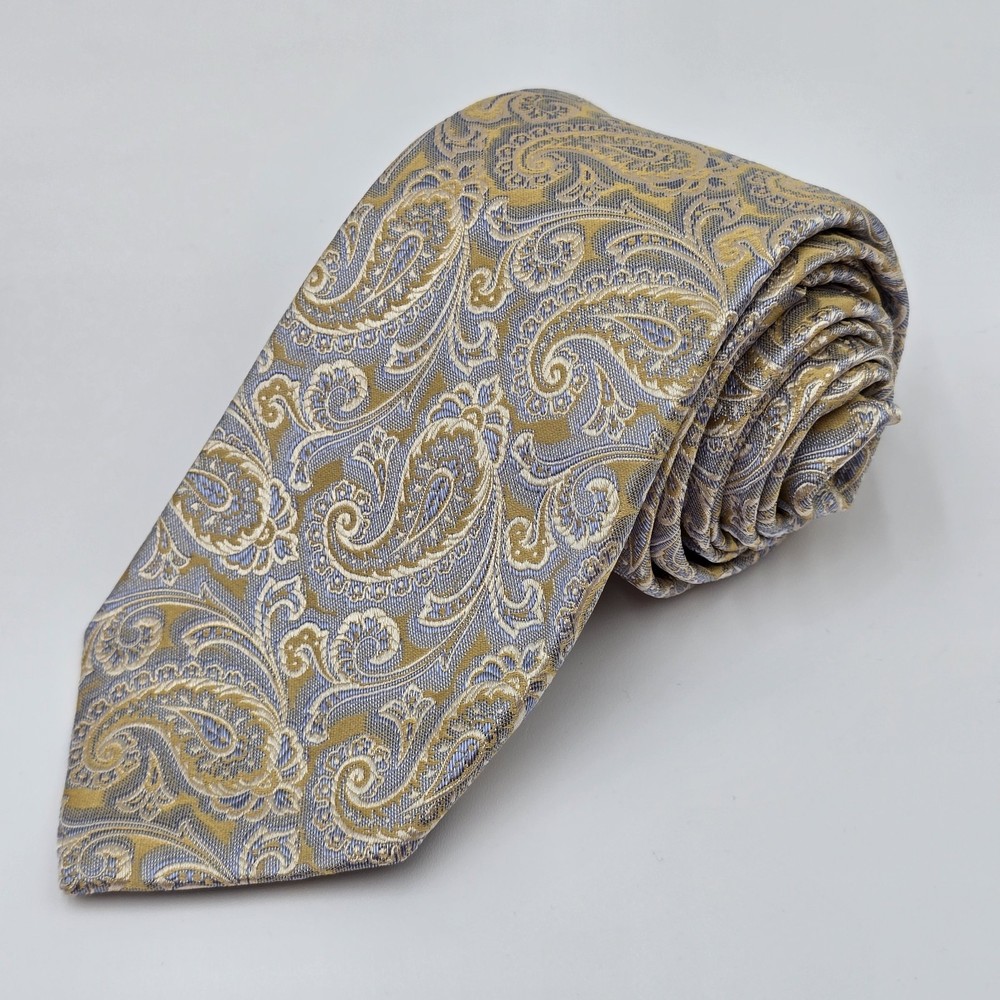 Robert Talbott Best of Class Carmel Tie 100% Silk Gold Blue Paisley Necktie USA
