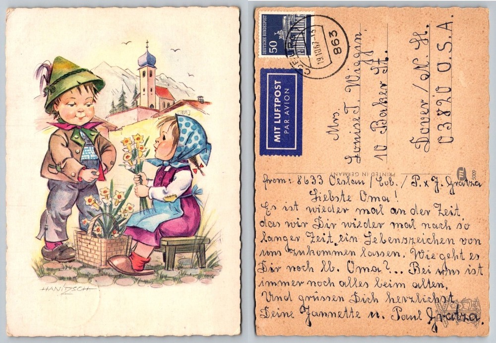 Vintage German Postcard Children Folk Costume Daffodils Mountains Hanidzsch 1957