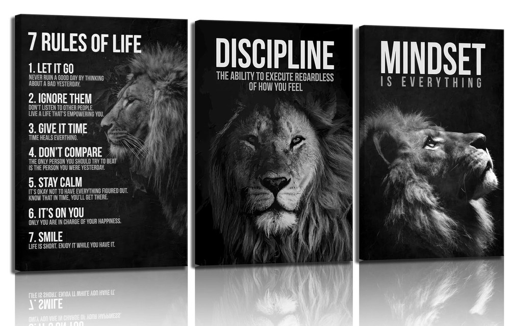 3 Pcs Framed Lion Inspirational Quotes Canvas Wall Art 7 Rules of Life Poster...