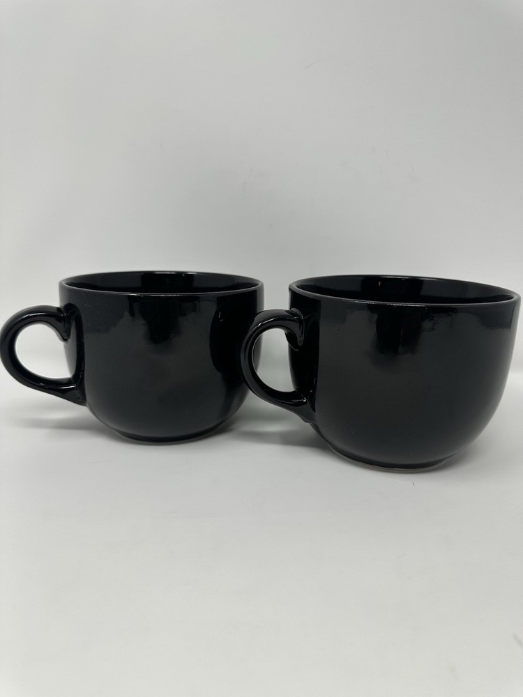 Pier 1 Large O Coffee Tea Mug Cup Soup Bowl Black Stoneware Set Of 2