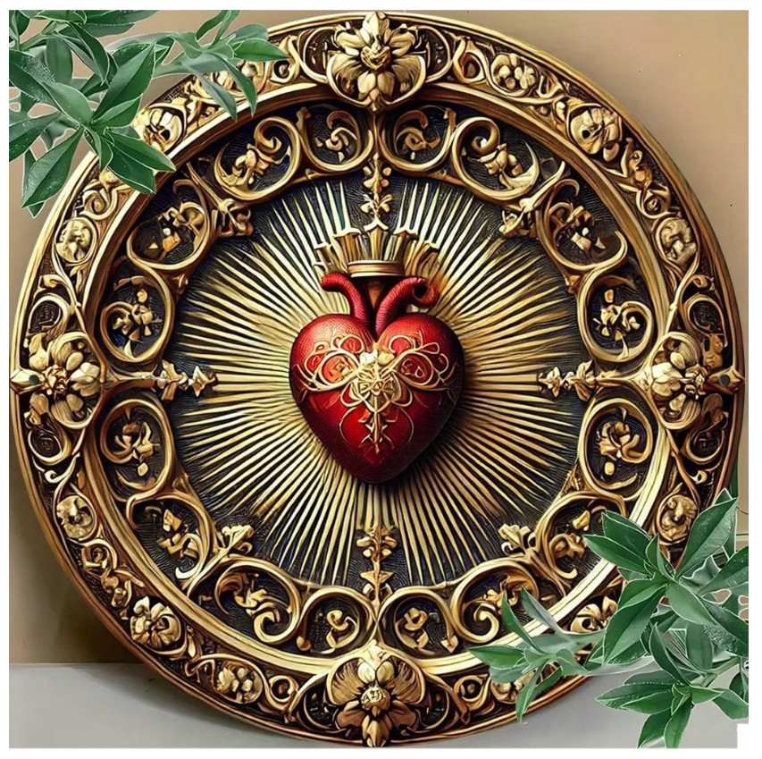 Vintage Sacred Heart Aluminum Wall Art - Golden Red Religious Decor, Home Office