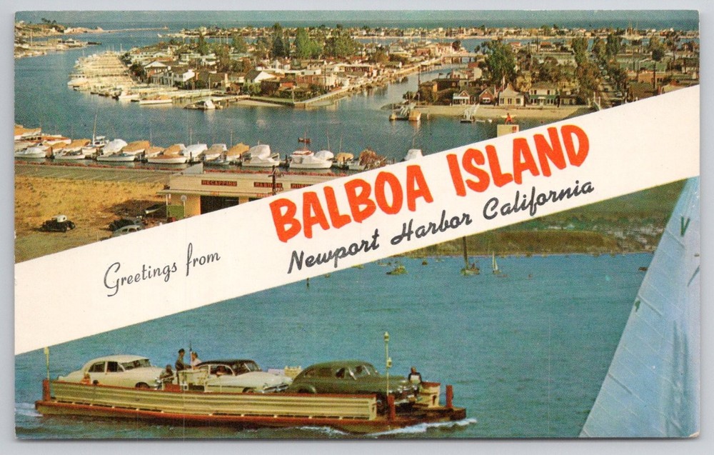 Balboa Island Ferry Newport Harbor CA Vintage Plastichrome Postcard