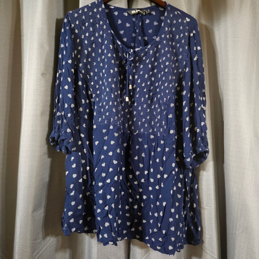 Ulla Popken Womens Navy Blue Heart Print Smocked Tunic Blouse Plus Size 24