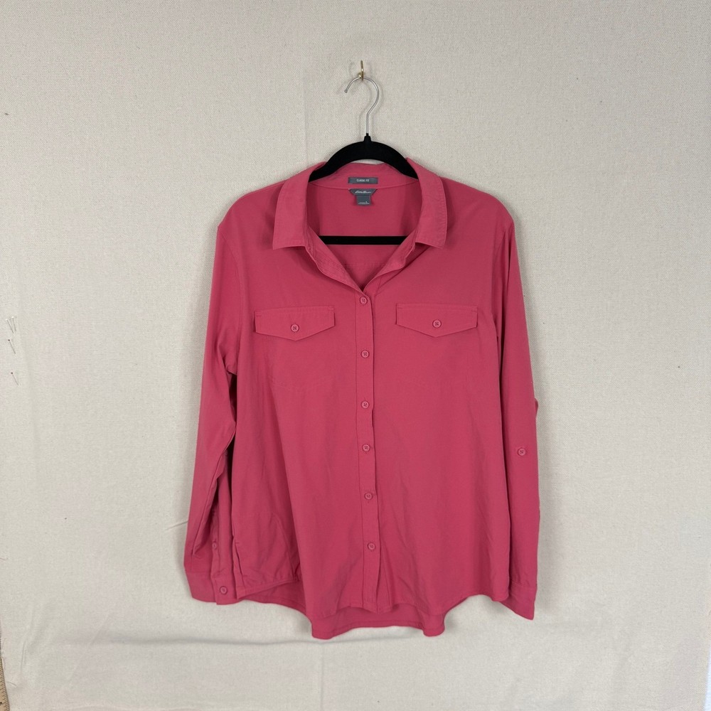 Eddie Bauer Classic Fit Women L Pink Button Down Roll Tab Sleeve Hiking Shirt