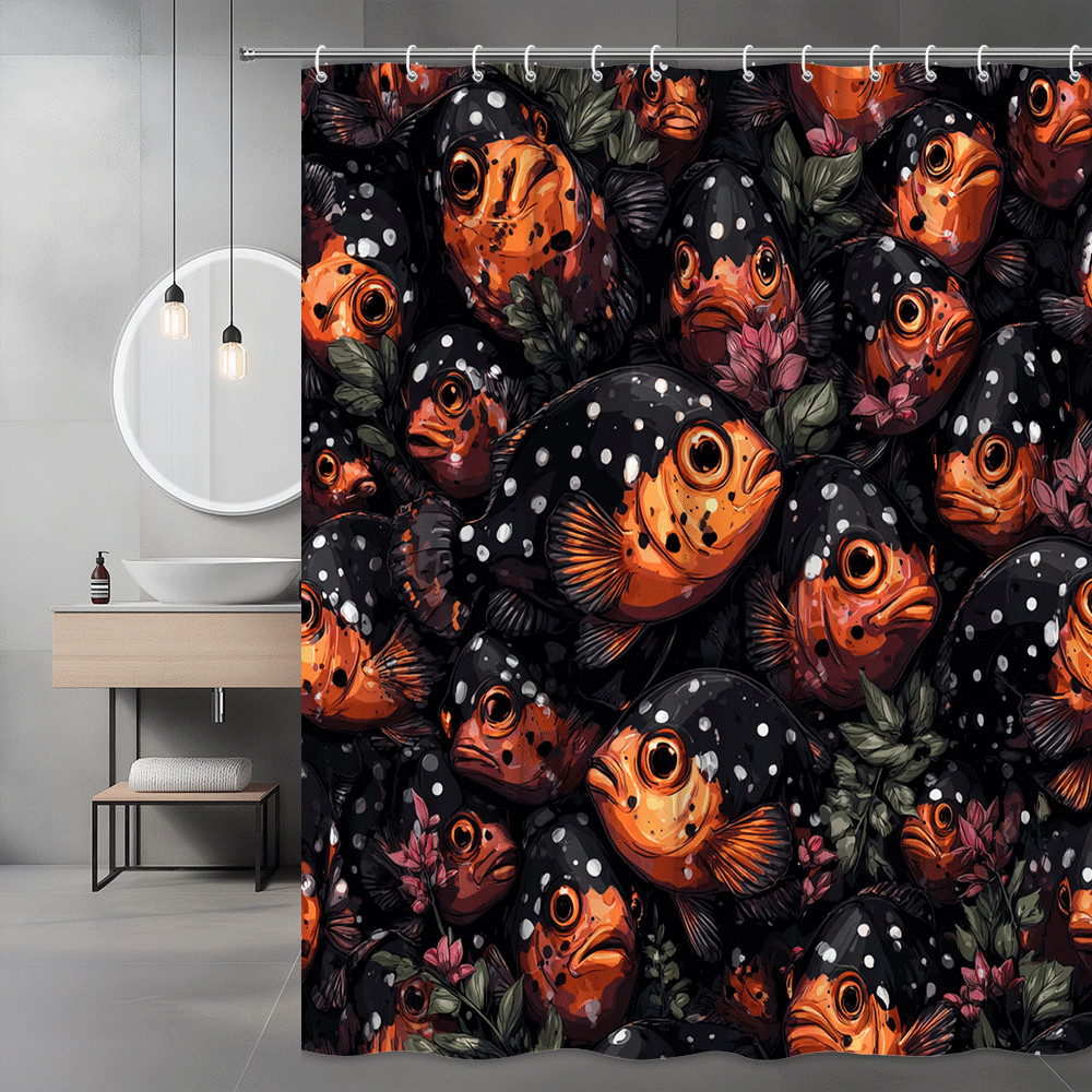 Black Orange Fish Shower Curtain Floral Leaf Print