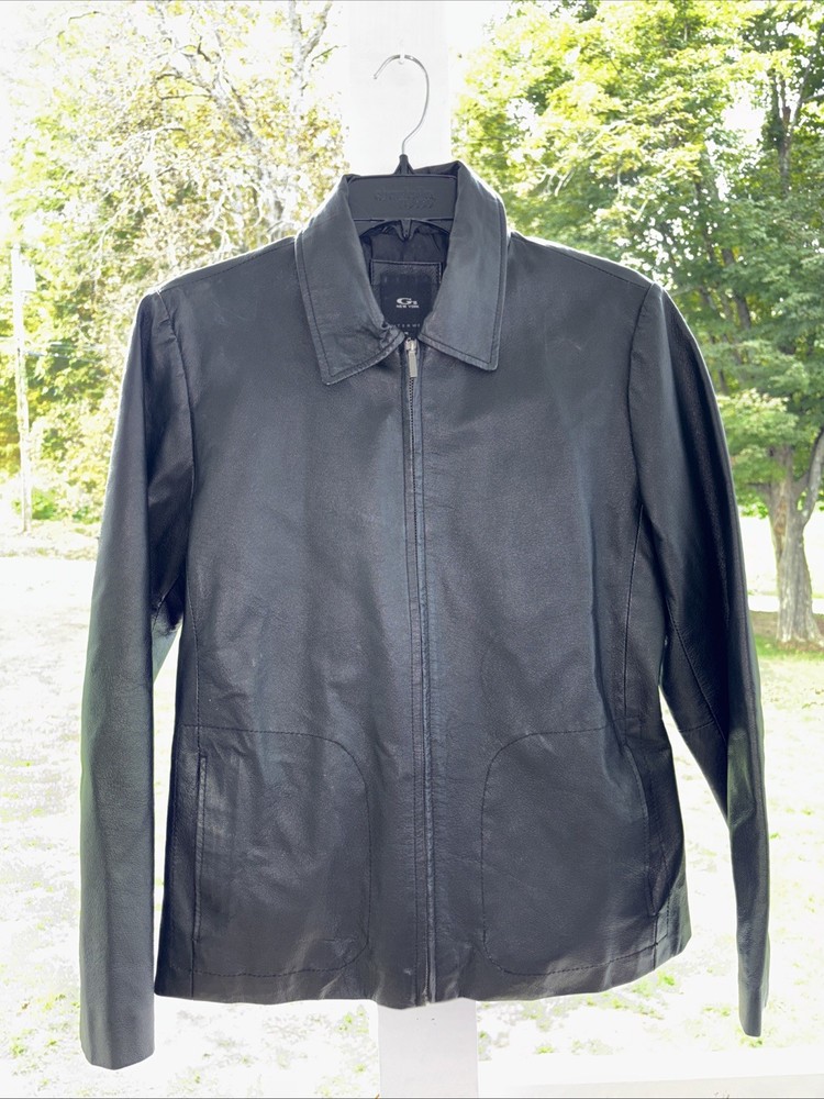 G-III Men's Black Lined Leather Jacket/ Coat  With Pockets &Collar Size Medium