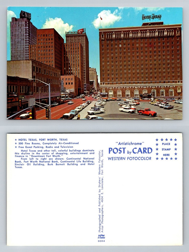Fort Worth, TX-Texas, Hotel Texas Downtown Skyline Street View Vintage Postcard