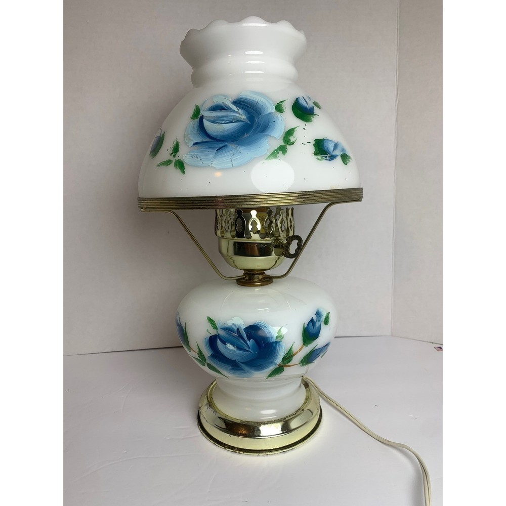 Vintage Milk Glass Hurricane Lamp Blue Hand Painted Roses Brass Base Floral