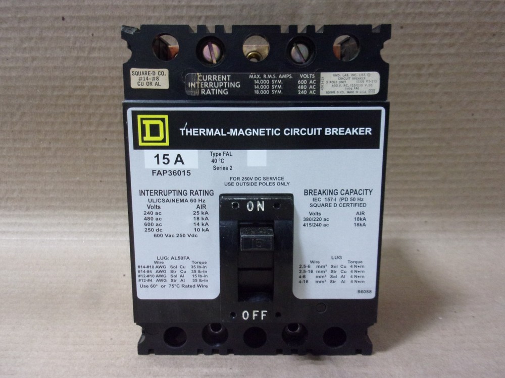 Square D FAP FAP36015 3 Pole 15 Amp 600V Circuit Breaker Relabeled FLAWED