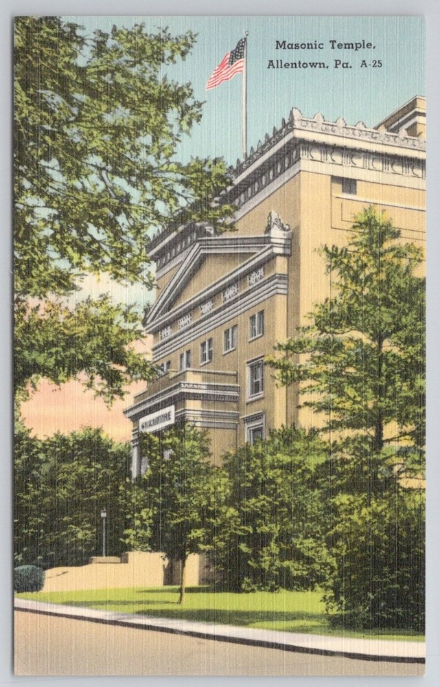 Masonic Temple Allentown PA Linen Postcard The Mebane Greeting Card Co.
