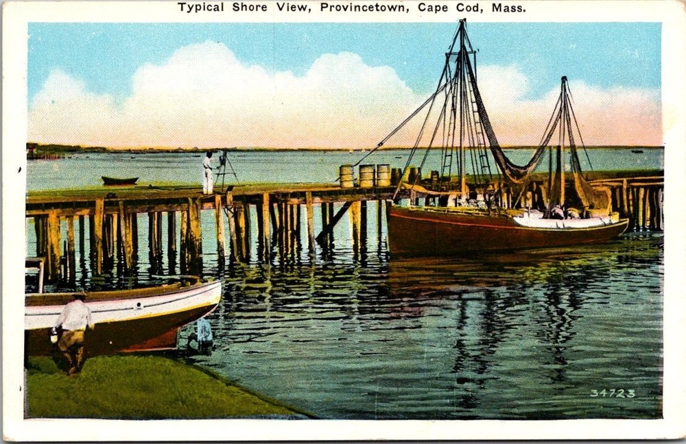 Provincetown Cape Cod MA Fishing Boats Pier Shore View Linen Postcard