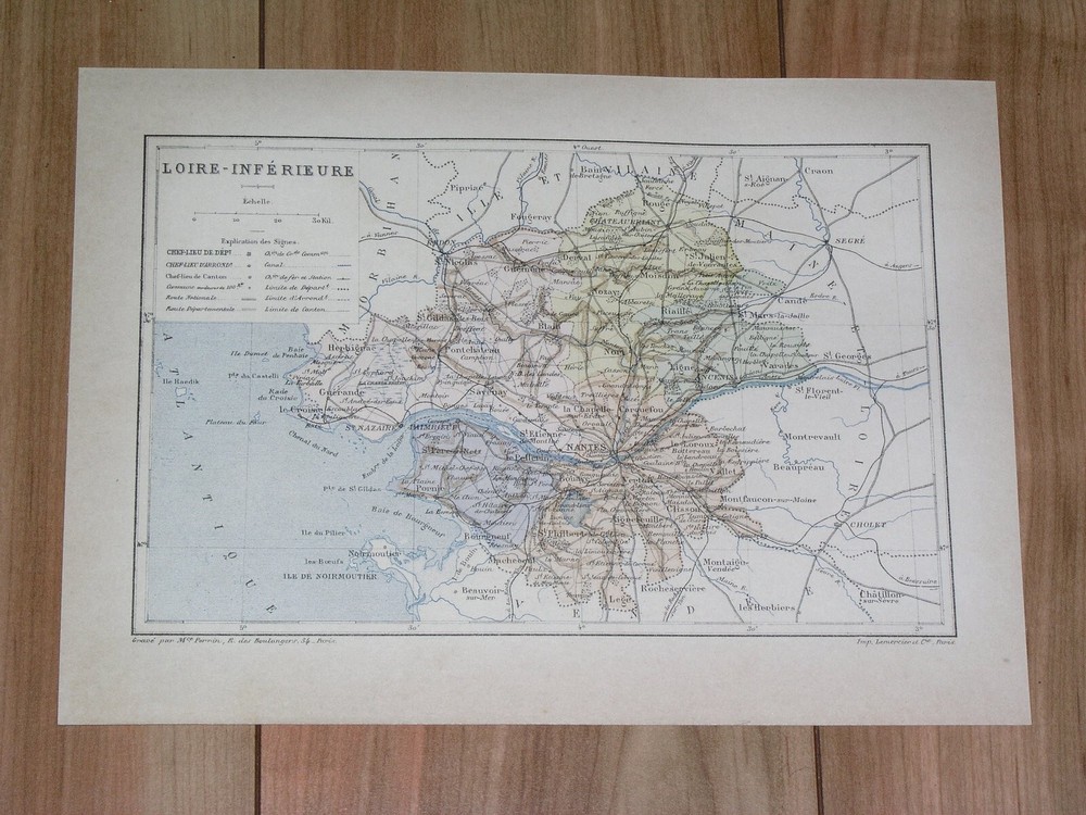 1887 Antique Original Map Of Department Of Loire-Inferieure Nantes / France