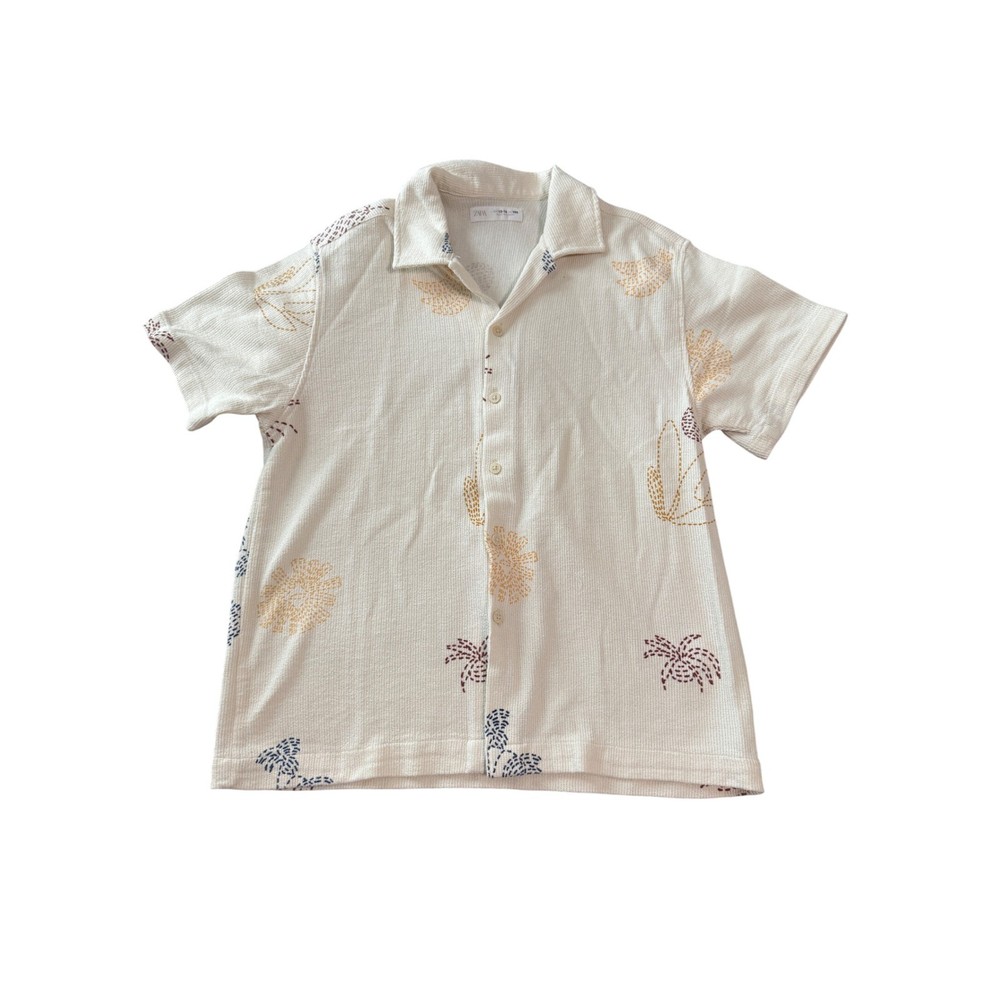 NEW Zara SZ 13-14 Kid Off White Button Up Short Sleeve Shirt Fruit Plant Cotton