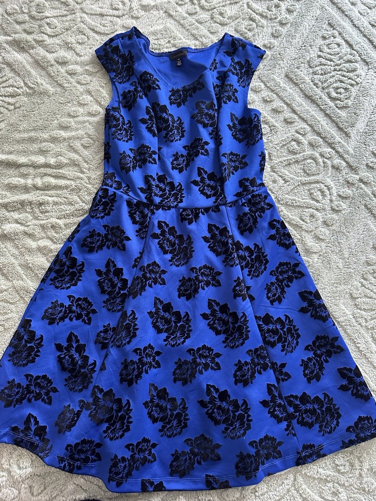 Le Chateau Cobalt Blue Dress with Black Velvet flowers A Line size S