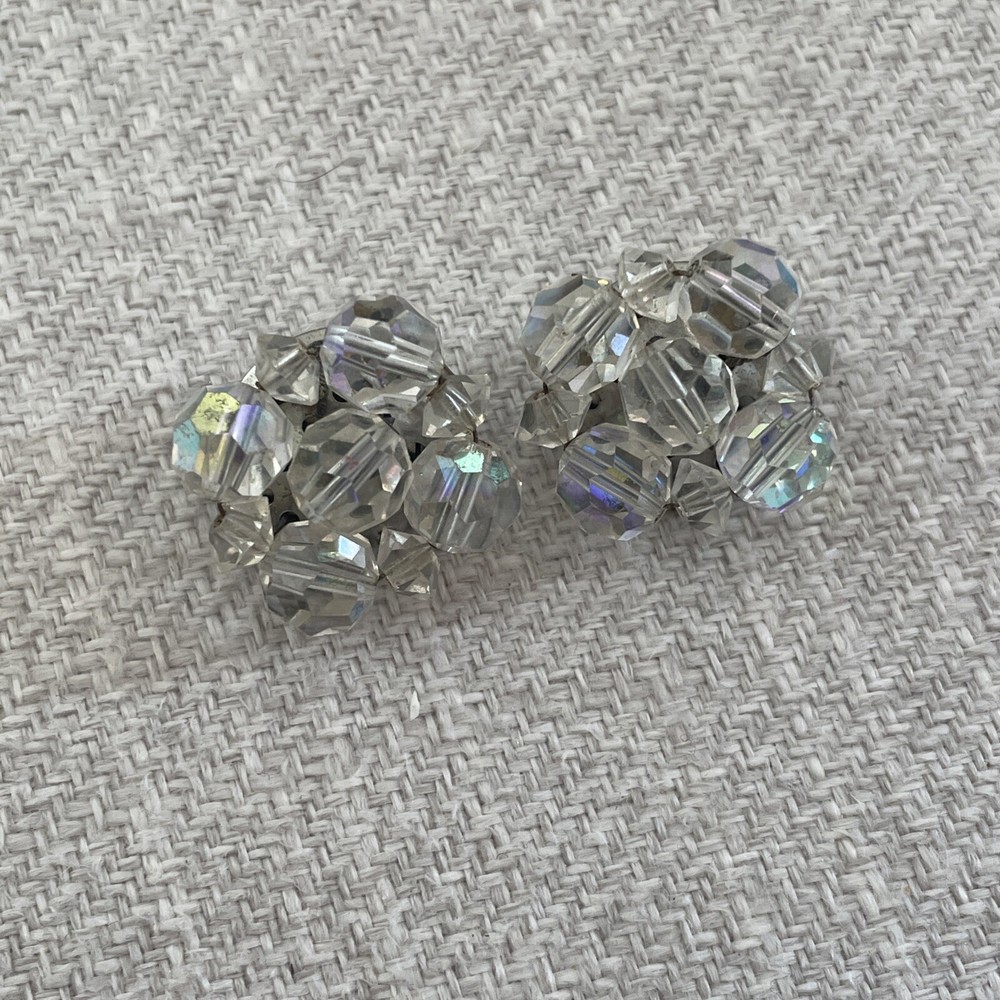 Vintage Silver Tone Cluster Clear Aurora Borealis AB Crystal Clip Earrings
