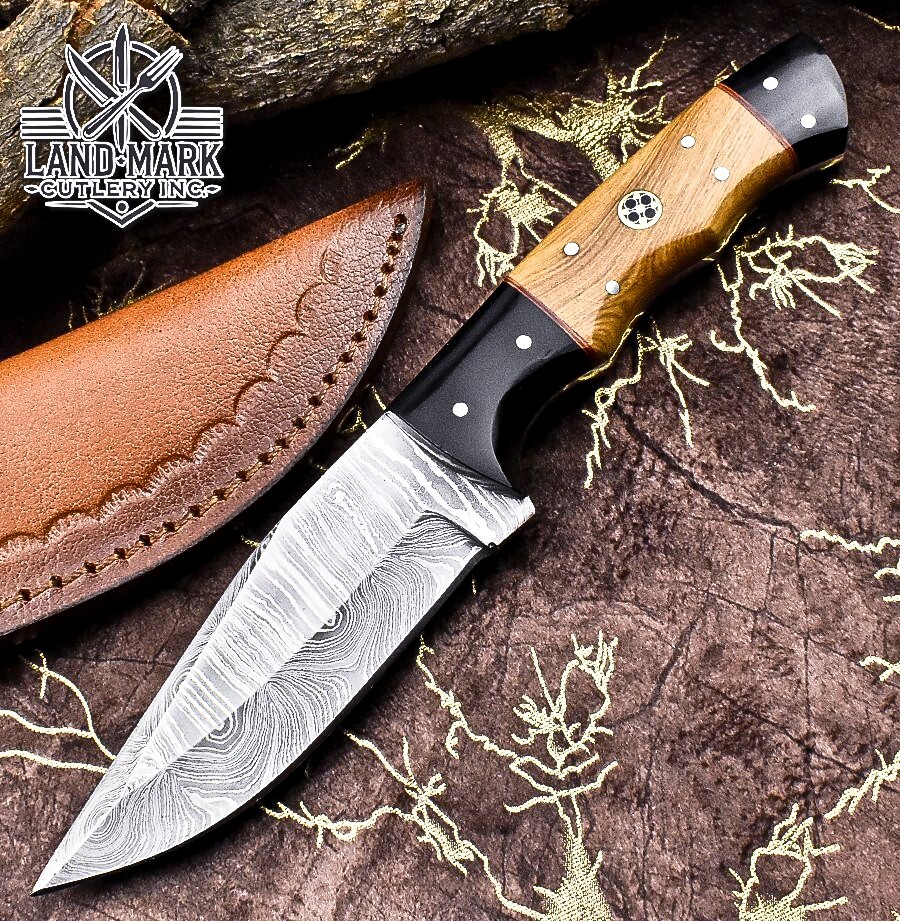 Handmade Damascus Hunting Knife with Olive Wood and Black Sheet Handle