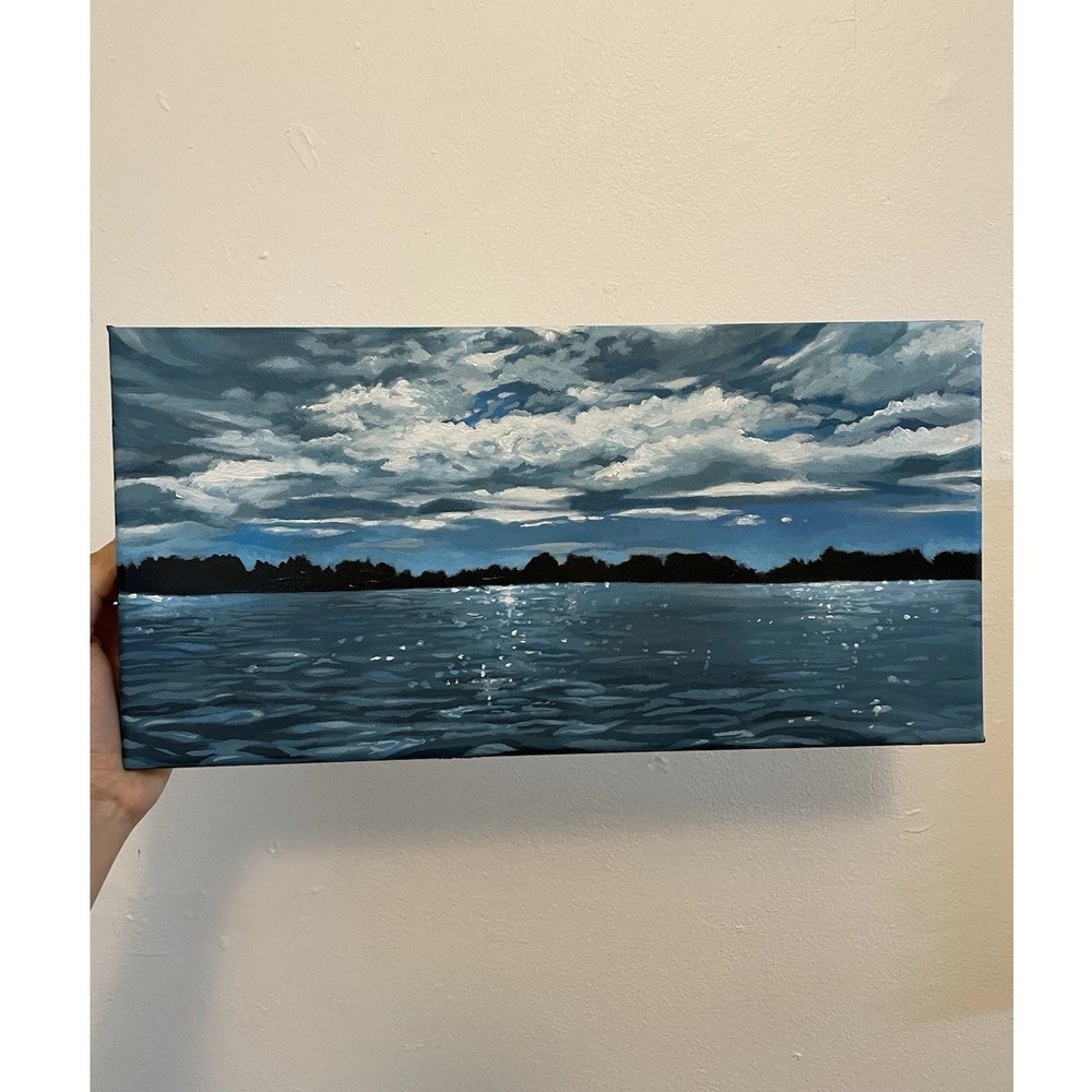 Blue ( 7 x 14 ) Original Impressionism lake Painting on Canvas Unframed