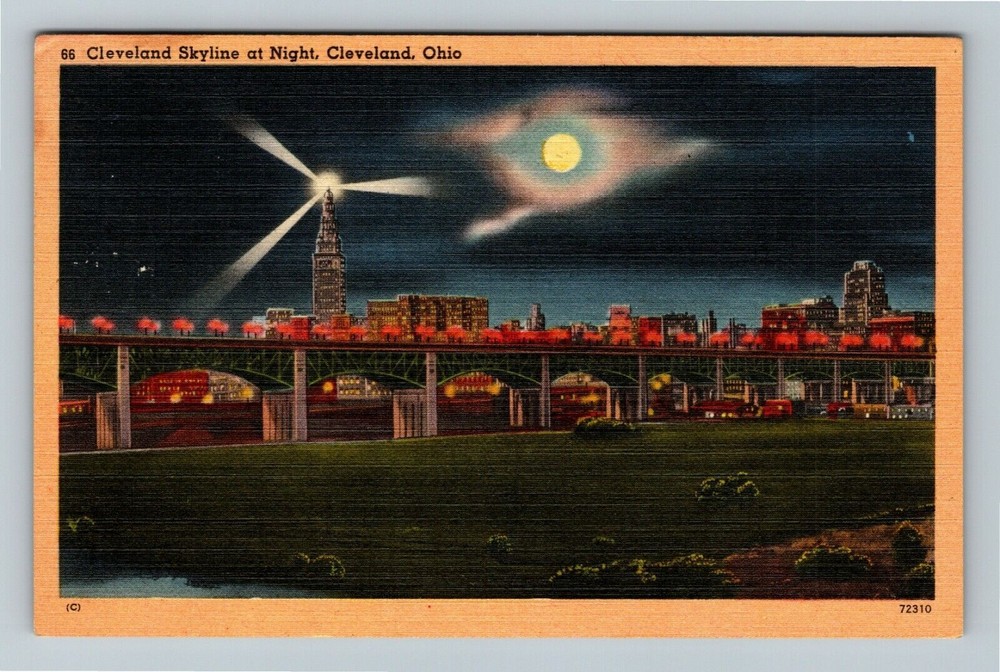 Cleveland OH-Ohio, Cleveland Skyline At Night  Vintage Souvenir Postcard