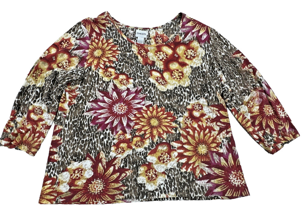 Chico's Women's Top Size 3 XL Floral Leopard Print 3/4 Sleeve Blouse