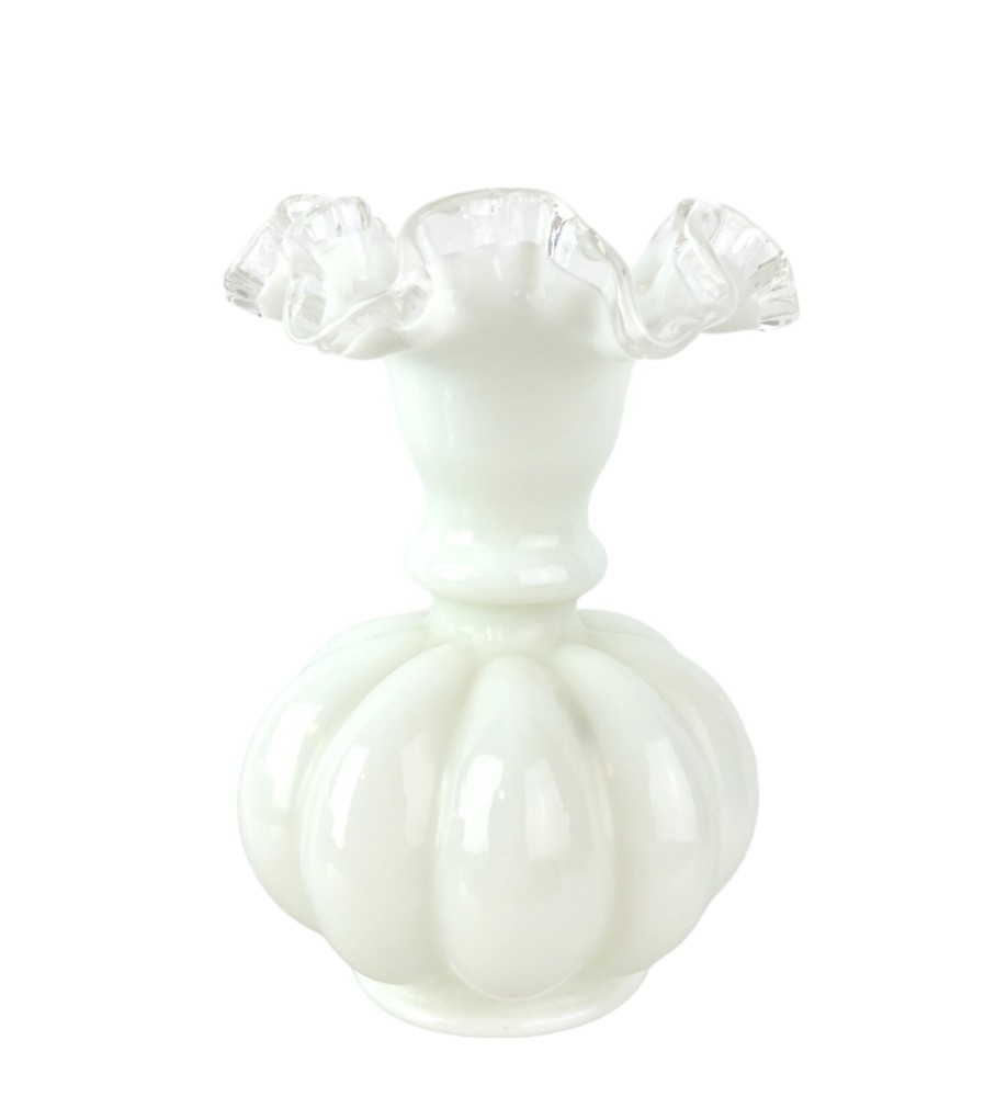 Vintage Fenton White Milk Glass Silver Crest Ruffled Rim Melon Bud Vase 6