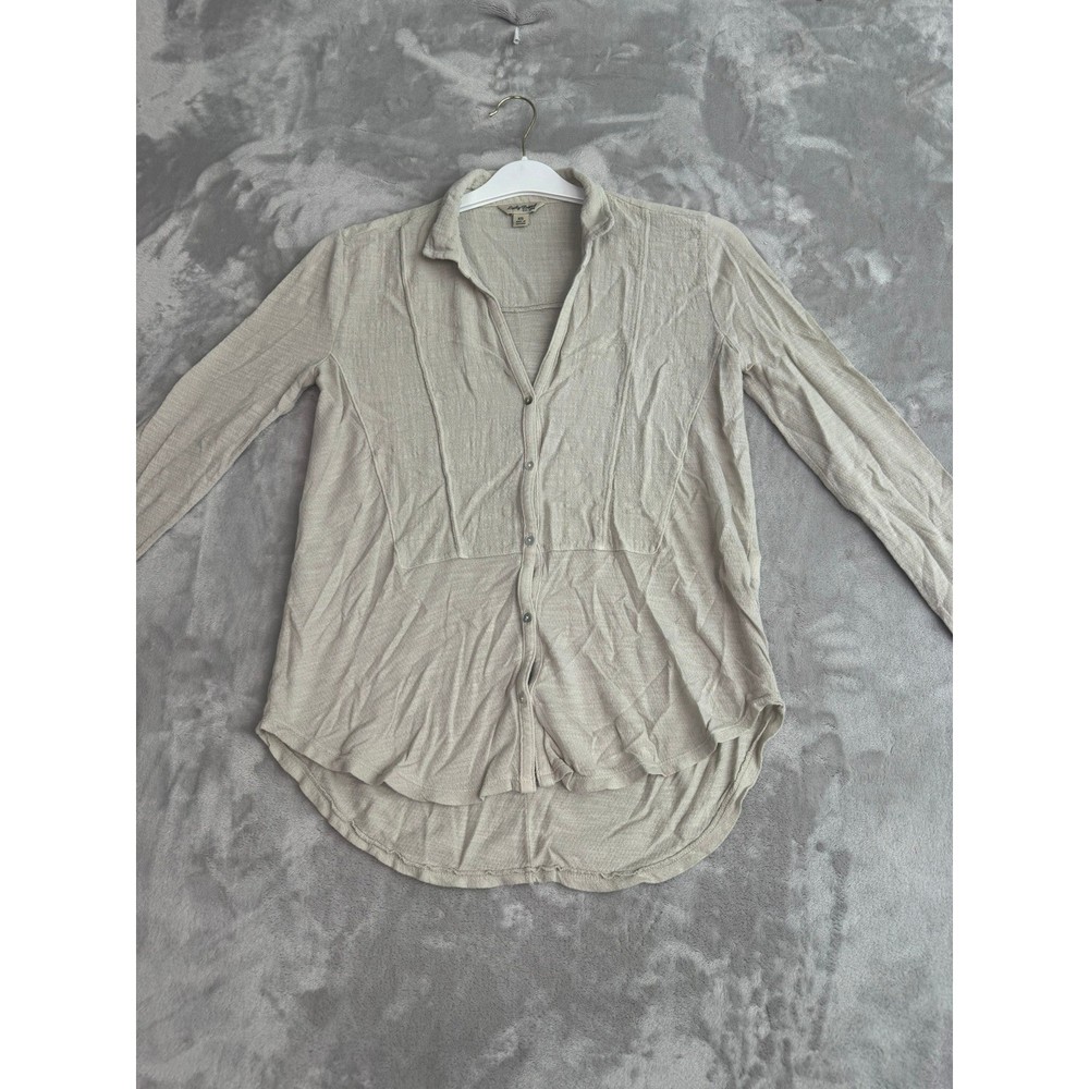 Lucky Brand Linen Blend Button Down Shirt Top Beige XS Long Sleeve