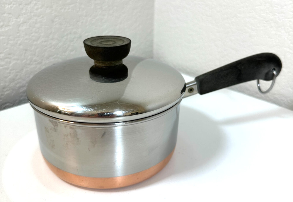 VTG Revere Ware 1 Qt Saucepan Stainless Steel Copper Bottom 1801 USA w/ Lid EUC
