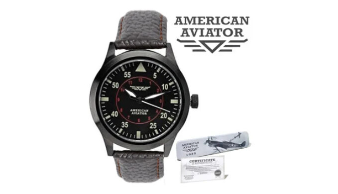 Men's AMERICAN AVIATOR 1945 Field Military Pilot Watch, Black Dial, Leather Band