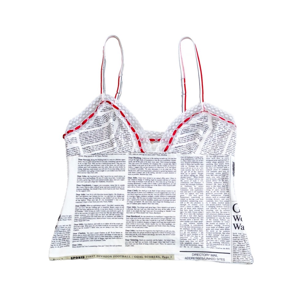 John Galliano Newspaper Print Camisole Top XL Lace Trim France Y2K Designer Rare