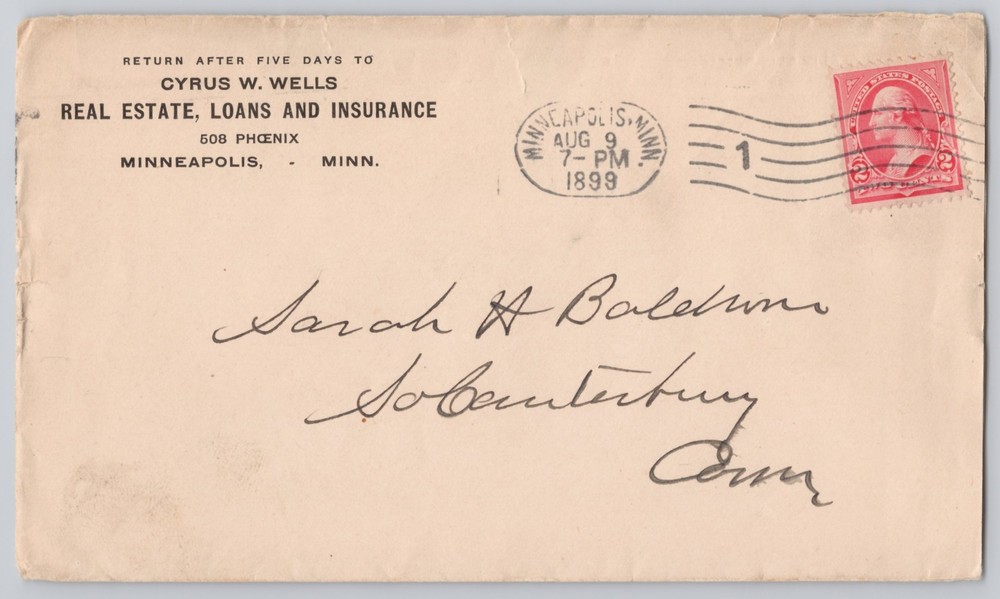 Minneapolis, MN — Cyrus W. Wells Real Estate envelope, Un — 1899