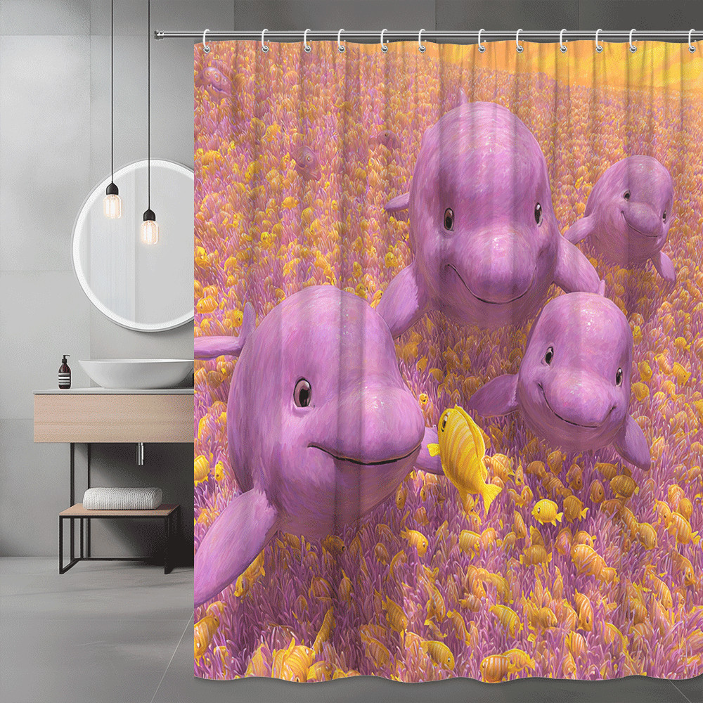 Pink Dolphin Shower Curtain Ocean Fish Graphic