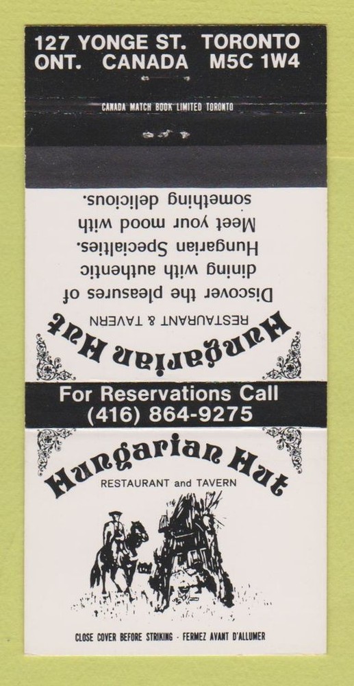 Matchbook Cover - Hungarian Hut Restaurant Toronto ON 30 Strike