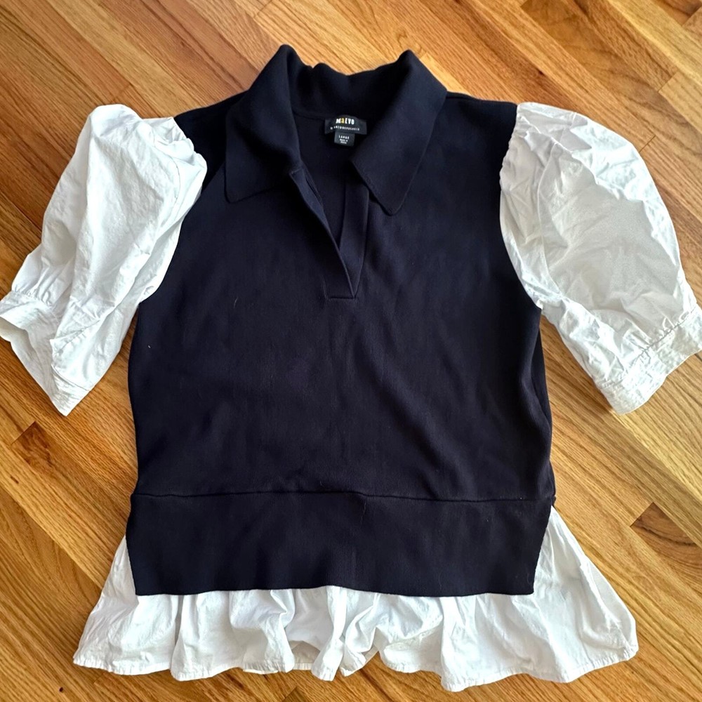 Navy Womens Layered Poplin-Sleeved Polo Sweater Preppy Back To School l SIZE L