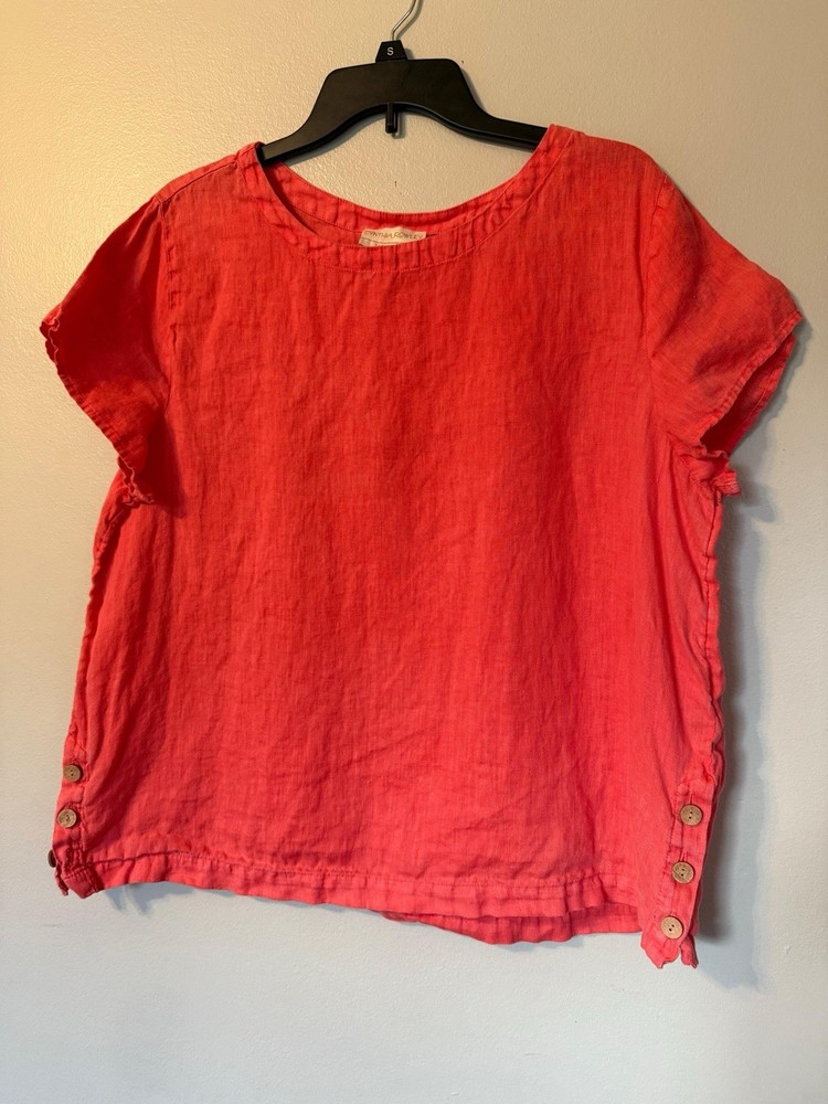 CYNTHIA ROWLEY Orange Woven 100% Linen Short Sleeve Top Side Buttons Beach XL