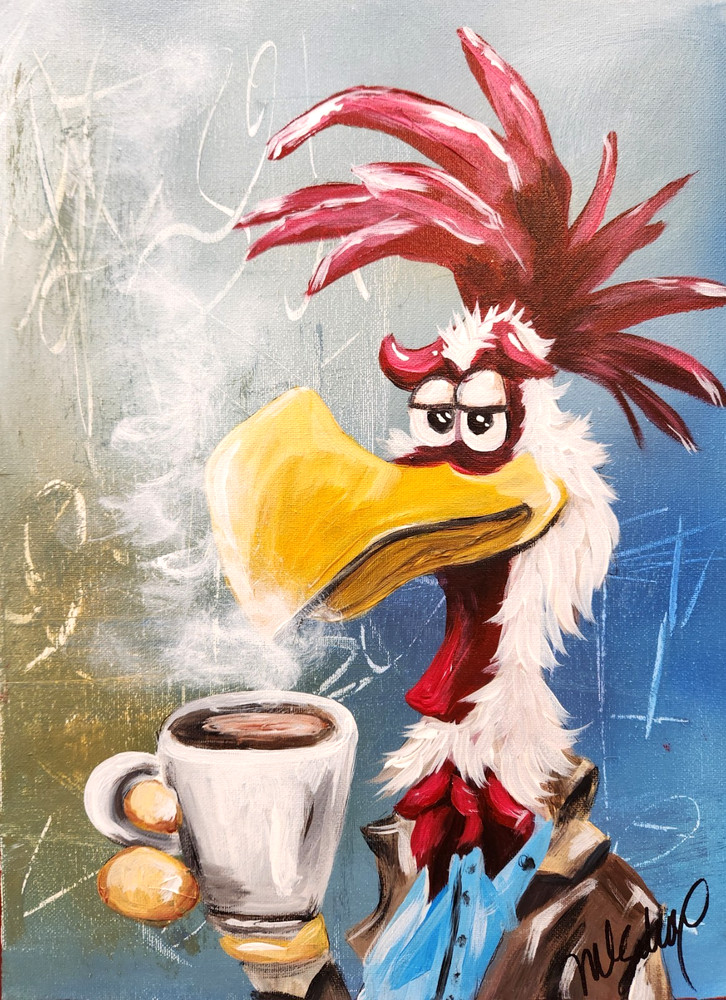 Funny Rooster Coffee Painting 12x16 Original Farmhouse Kitchen Wall Art