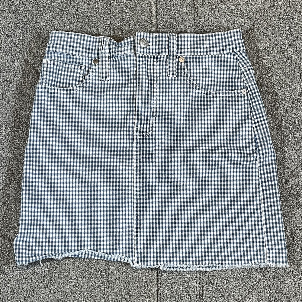 Madewell Mini Skirt Womens Size 26 Blue White Checkered Stretch Denim Straight