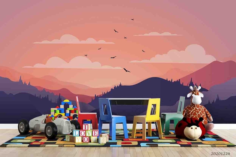 3D Mountain Birds Sunsets Illustration Wall Murals Wallpaper Murals Wall Sticker