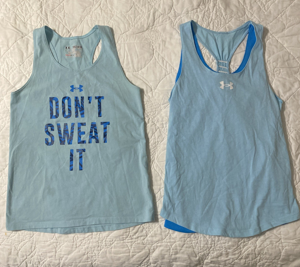 Lot of 2 - Girl's Under Armour Short Tank Top Shirts, YMD - Medium, Blue