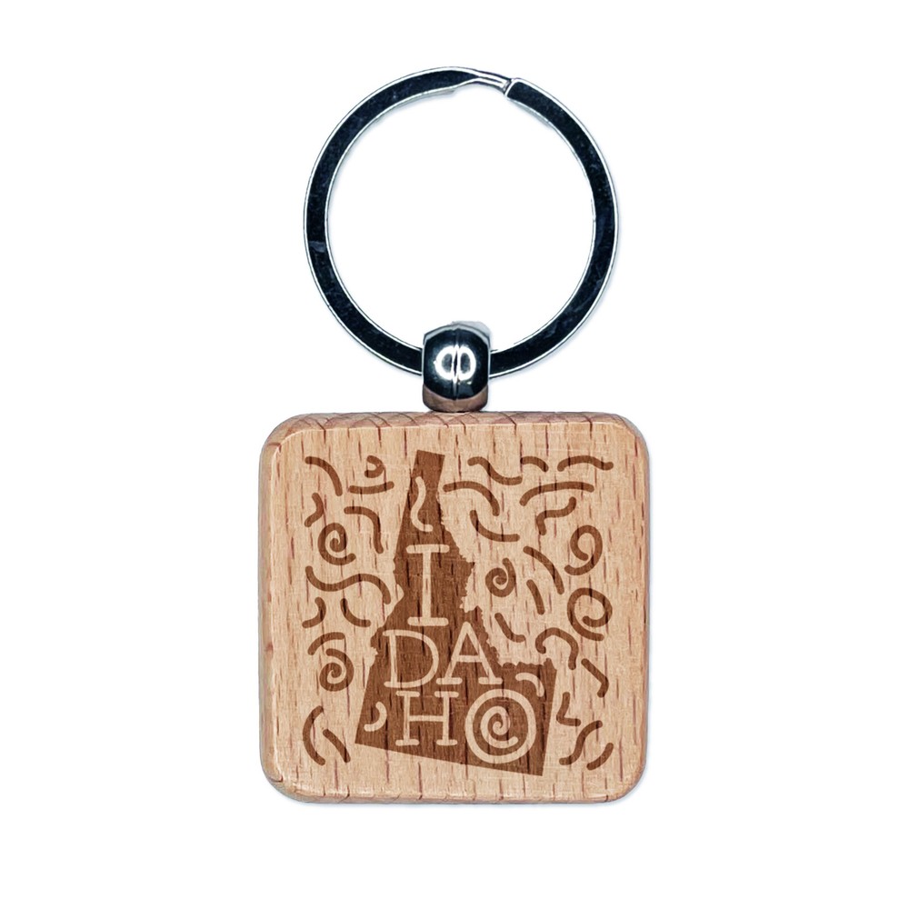Idaho State Engraved Wood Keychain with Swirl Text Design