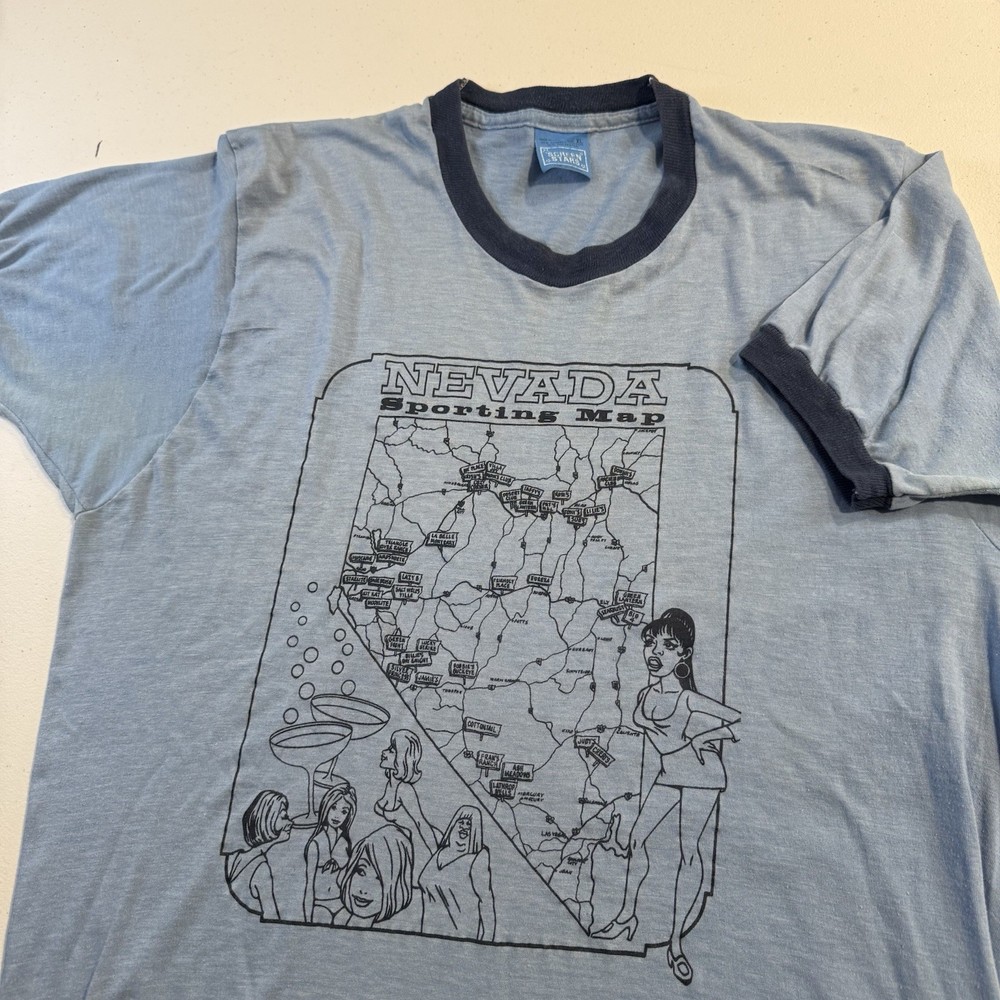 80s Vintage Nevada Sporting Map Ringer Tee Brothel Rare Funny Graphic Mens Large